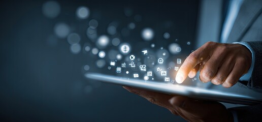 A person interacts with a tablet, digital icons floating around it