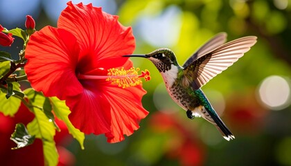 Naklejka premium Vibrant hummingbird hovers near a crimson hibiscus flower