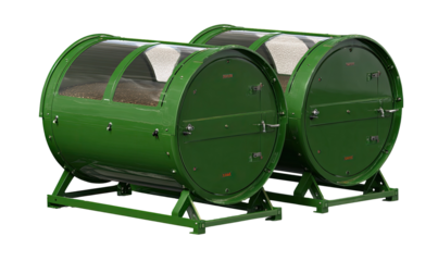 Two cylindrical, green agricultural storage or processing units.  Each has a transparent viewing window and a metal door.  They sit on a metal stand
