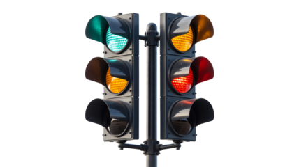 Traffic lights showing green, yellow and red signals for regulation