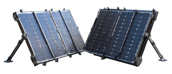 Two portable solar panels mounted on adjustable stands
