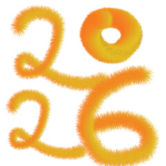 A fuzzy textured graphic displaying the numbers 2026 in a vibrant orange and yellow gradient, isolated on a white background.