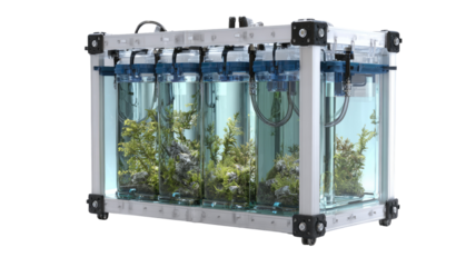 A white, enclosed aquarium system with multiple tanks