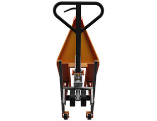 Naklejka premium Logistics Essentials: Bright Orange Scissor Lift and Standard Pallet Jacks for Modern Warehouse Material Handling, Freight Transport, and Efficient Supply Chain Operations. Isolated 3D Render.