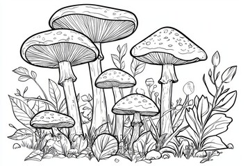 Coloring page for kids with group of mushrooms in forest, simple style outline, crisp black lines, large detailed fungi on white background