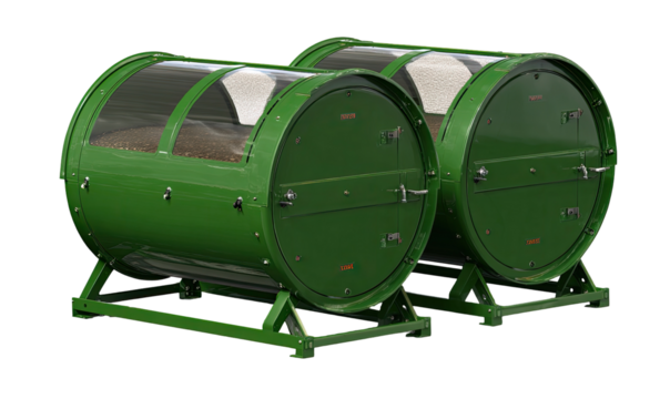 Two cylindrical, green agricultural storage or processing units.  Each has a transparent viewing window and a metal door.  They sit on a metal stand