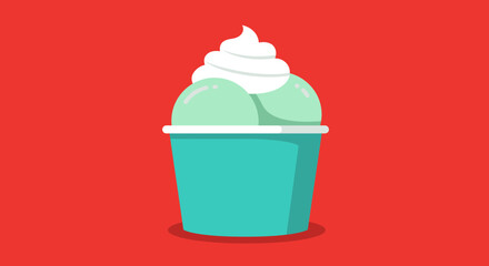 Refreshing mint green frozen dessert with whipped cream topping in a teal cup against a vibrant red background