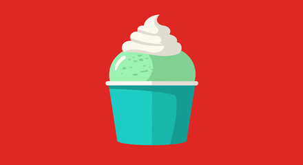 Refreshing mint green soft serve ice cream with whipped cream topping in a teal cup against a vibrant red background