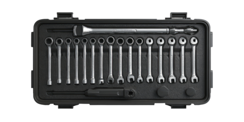 Organized set of metal tools in a black case