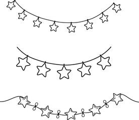 Set of star garland illustrations. Three black and white vector line drawings of star-shaped garlands, perfect for celebration, holiday, party, or decorative designs.