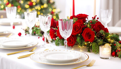Elegant Holiday Table Setting with Red Roses, Evergreen Garland, and Sparkling Lights for Festive Dinner