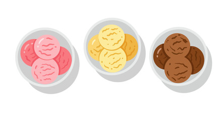 Three bowls of colorful ice cream scoops including strawberry vanilla and chocolate flavors on a white background