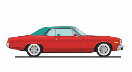 Classic american red convertible car with teal roof parked on a white background side view illustration
