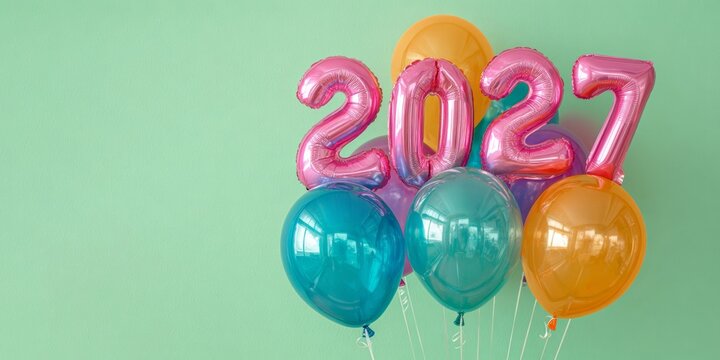 happy new year, new year's eve party celebration holiday greeting card - calendar year 2027 text balloon surrounded by colorful neon balloons, isolated on turquoise background