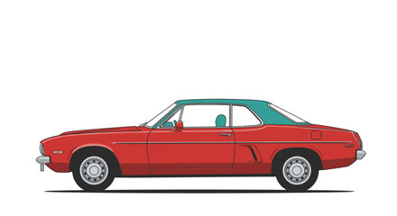 Classic red convertible sports car with a teal soft top viewed from the side against a white background