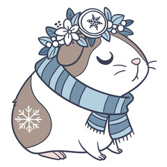 Playful Sleepy Guinea pig design, styled with with a flower crown and Frosty Winter shades in a Cozy winter setting