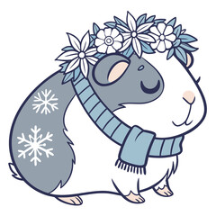 Playful Sleepy Guinea pig design, styled with with a flower crown and Frosty Winter shades in a Cozy winter setting