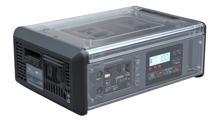 Obraz premium Portable power station with transparent case. Dark gray box with clear plastic cover. Back panel shows ports and electronics. Digital display shows power level