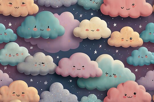 A delightful seamless pattern showcases a collection of cute, pastelcolored clouds with smiling faces, set against a starry night sky, perfect for childrens decor