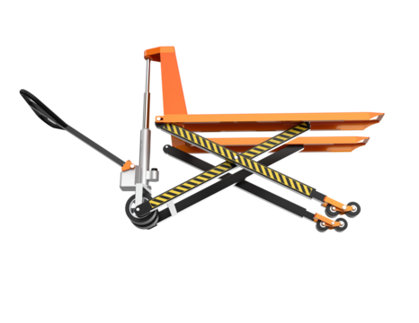 Dynamic Industrial Material Handling Tools: 3D Rendered Orange Hand Pallet Jack and High-Lift Scissor Jack, Crucial Equipment for Modern Warehouse and Freight Logistics and Supply Chain Efficiency.