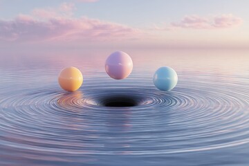 Three pastel-colored spheres floating over a swirling vortex in a tranquil body of water, bathed in a soft, pinkish-orange sunrise or sunset light