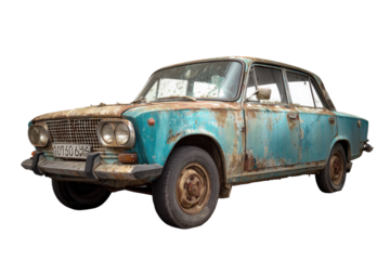 Rusty Abandoned Vintage Sedan on Transparent Background
