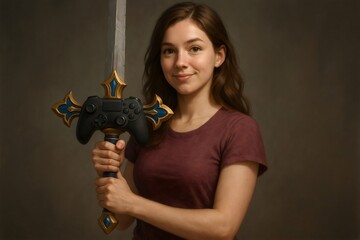 Portrait of a smiling young woman holding a fantasy sword with a game controller as the hilt, against a dark background
