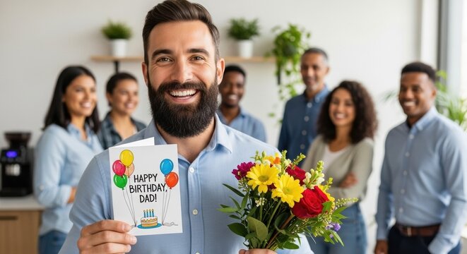 A happy bearded man smiles as he receives a "Happy Birthday, Dad!" card and a bouquet of flowers from his diverse and cheerful colleagues in a modern office - Powered by Adobe