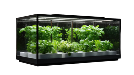 Indoor hydroponic herb garden, lit from above