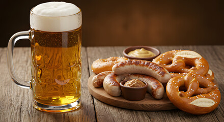 A refreshing glass of beer with a side of sausages, pretzels, and mustard.