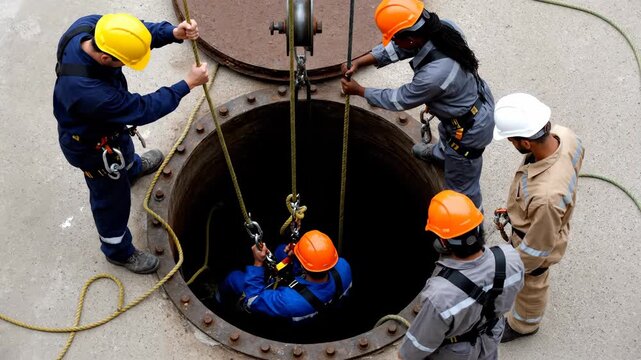 Workers hoist person from manhole on industrial site. A safety-conscious scene demonstrating teamwork and careful execution. Confined space entry, fall protection, industrial safety.