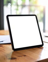 Tablet mockup flat lay on wooden desk with empty white screen and natural light for app, web, and digital branding design presentation