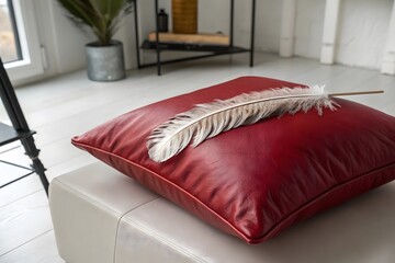 red velvet pillow, a feather on pillow, red pillow, feather