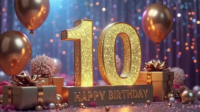 Glittering gold 10 HAPPY BIRTHDAY text with golden balloons, wrapped gifts, and confetti on shimmering festive backdrop
