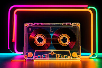 Retro Audio Cassette Tape Illuminated by Neon Lights for Nostalgic Music Vibes