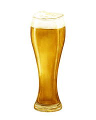 Watercolor golden beverage in pilsner beer glass with cap of foam illustration on isolated background. Traditional autumn holiday drink for Oktoberfest holiday greeting card, bar or pub menu