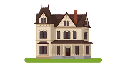 Victorian style miniature dollhouse with detailed architecture and a small green lawn