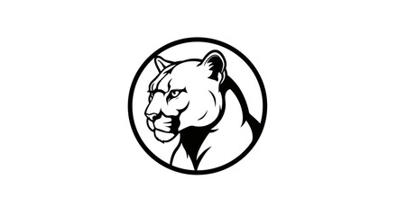 Stylized black and white oval illustration of a proud cougar s head in profile facing left