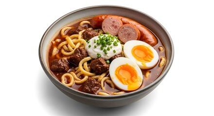 Beef Noodle Soup with Sausage, Egg, and Sour Cream.