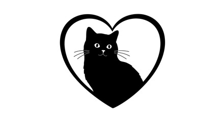 Black cat silhouette inside a stylized heart shape on a white background representing love and affection