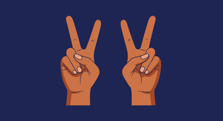 Two hands making the victory or peace sign gesture against a dark blue background