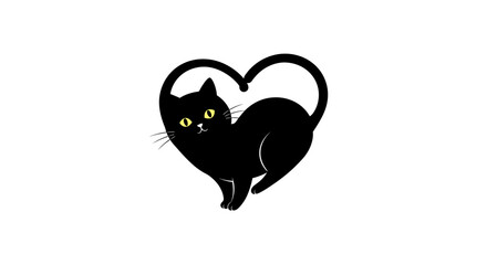 Whimsical black cat curled inside a heart shape with bright yellow eyes on white background