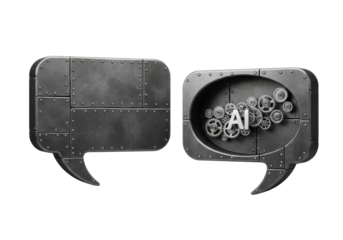 Two distinct, dark grey, riveted industrial speech bubbles, one with miniature rotating mechanical gears, against a transparent background, concept of machine intelligence processing.