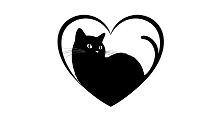 Stylized black cat silhouette nestled within a bold graphic heart shape on a white background