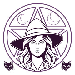 Witch With Two Cats And Pentagram Circle Outline star moon