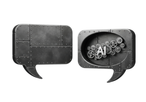 Two distinct, dark grey, riveted industrial speech bubbles, one with miniature rotating mechanical gears, against a transparent background, concept of machine intelligence processing.