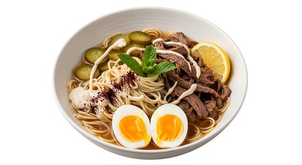 Hearty Noodle Soup with Meat and Egg.