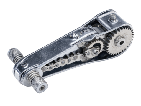 Detailed view of a machined, metallic mechanism.  A complex system of gears, sprockets, and chains are visible within a long, rectangular casing.  The metal has a slightly textured surface