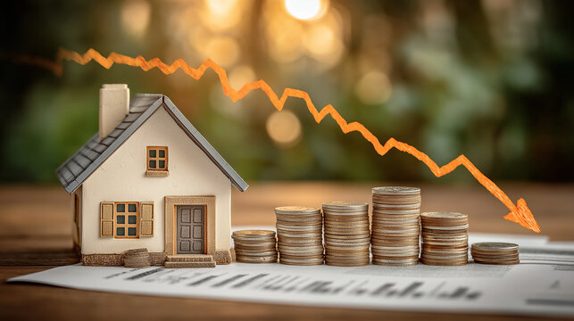 Property Market Downturn: A symbolic image of a miniature house alongside diminishing stacks of coins and a downward-trending arrow.