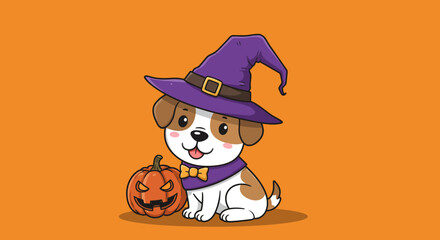 Adorable cartoon puppy wearing a purple witch hat and bowtie with a spooky jack o lantern pumpkin